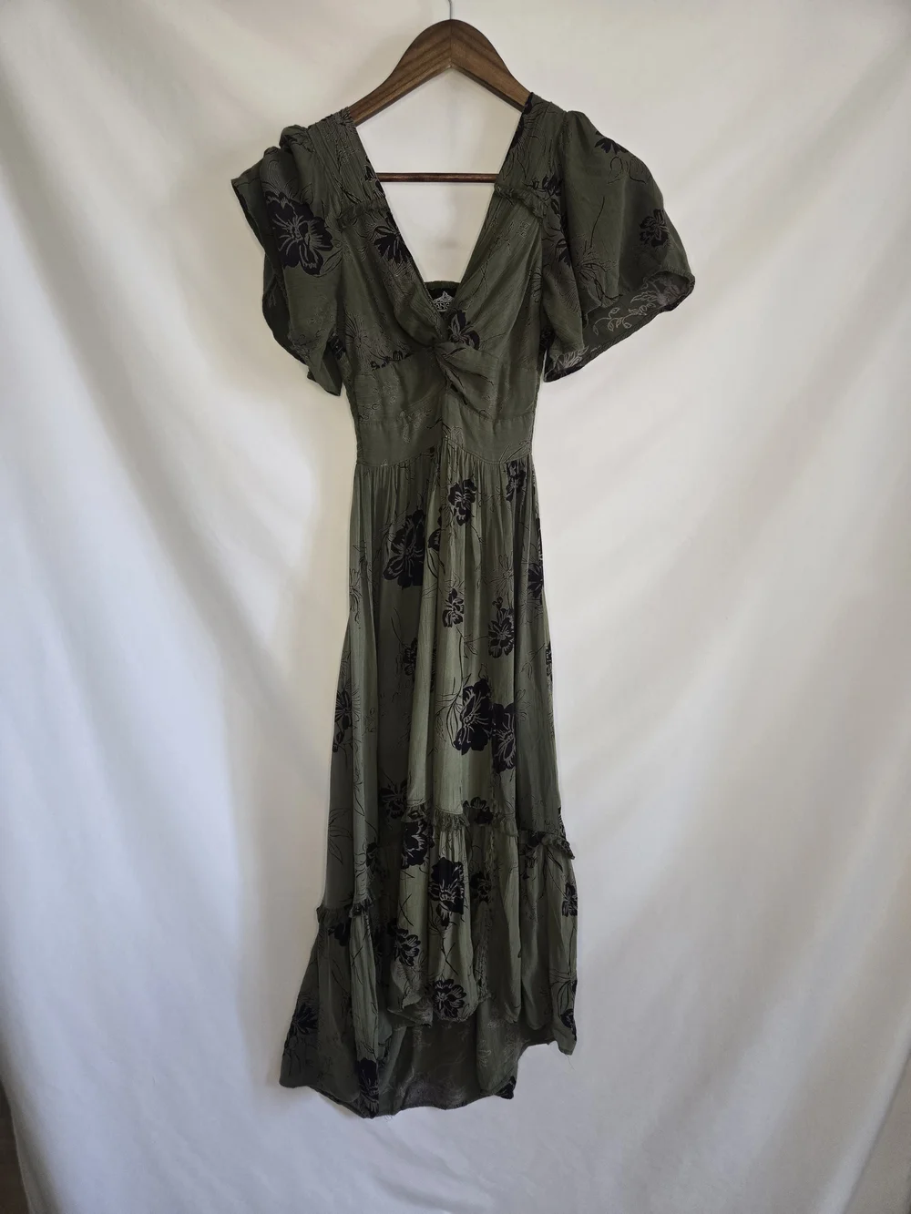 Angie Olive Green Dress with Black Floral Accents And Keyhole Small - Picture 1 of 5